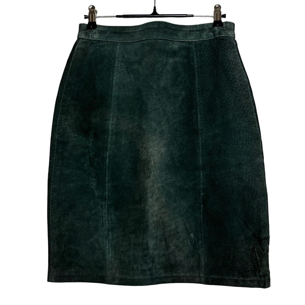Vintage 80s Global Identity Green Suede Leather A-line Mini Skirt Size 7/8